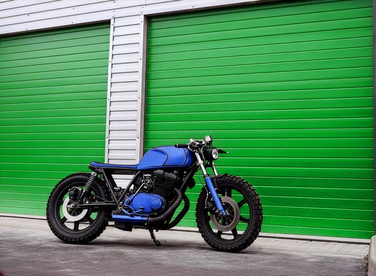 Motorcycle in front of storage unit with green doors
