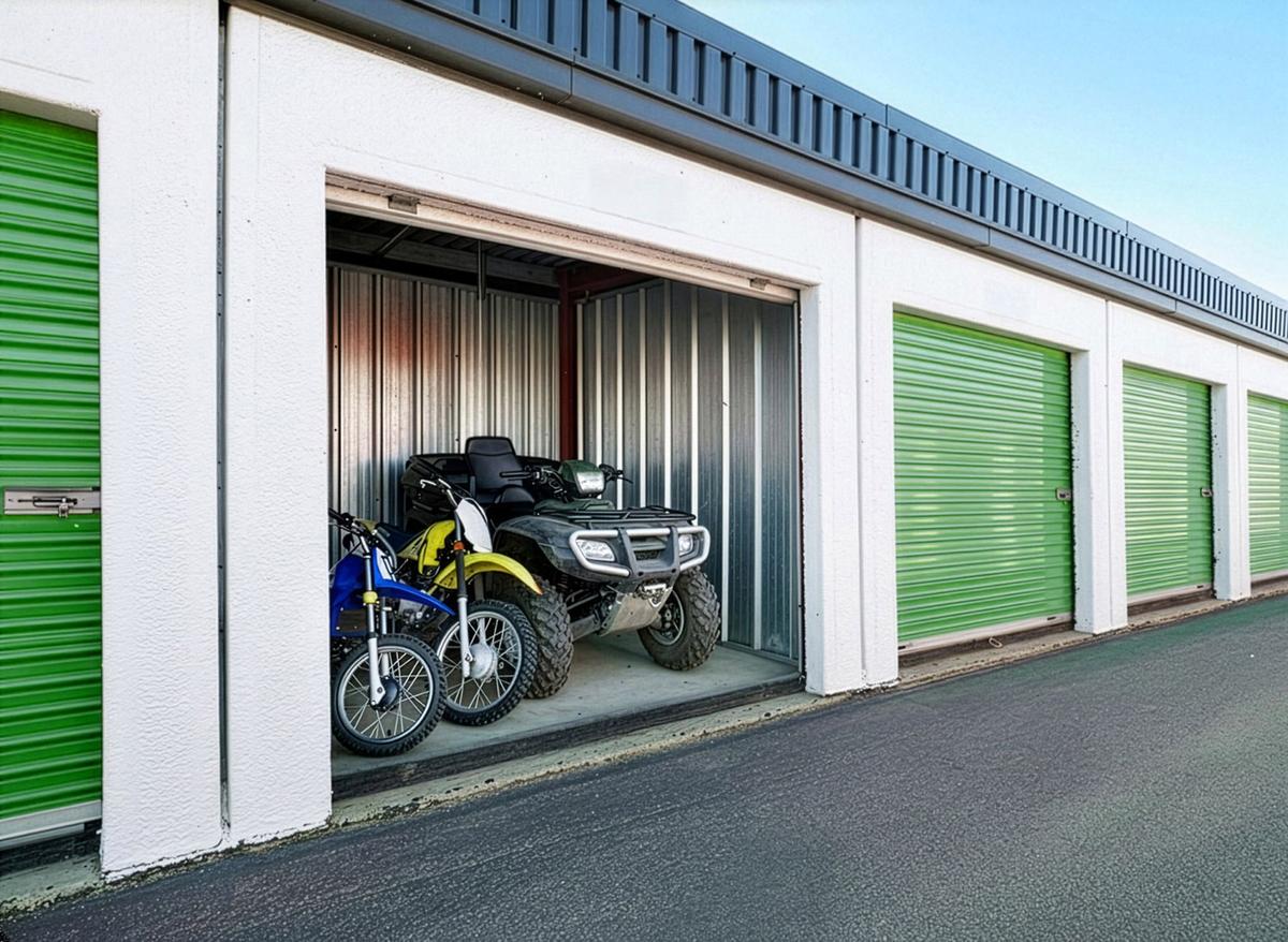 ATV and Dirt Bikes in Storage Unit with Green Doors