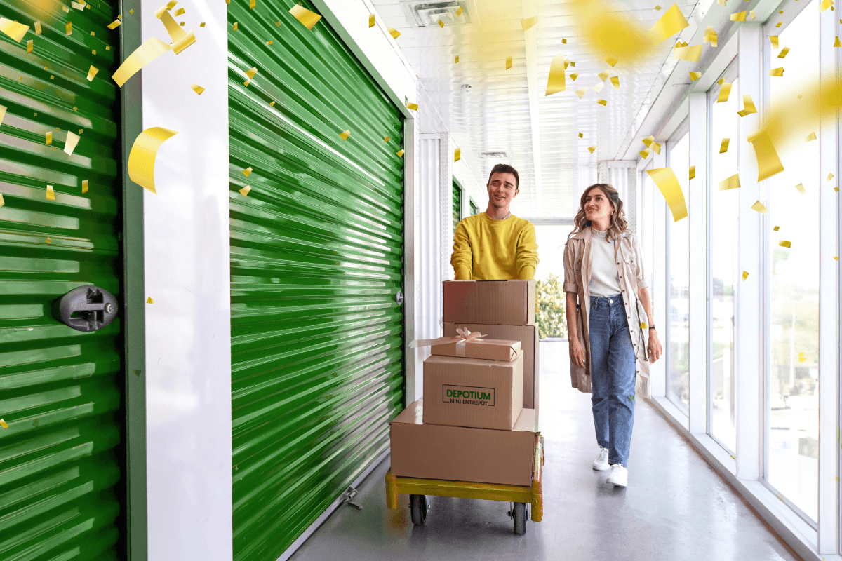 Man & Woman near green storage doors with confetti